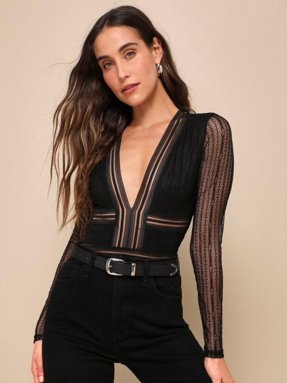 Revamped, black lace longsleeve bodysuit